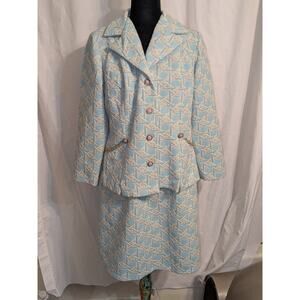 VTG Handmade 60s 2 Piece Mod Pastel Blue Geometric Skirt & Jacket W/ Gold Chains